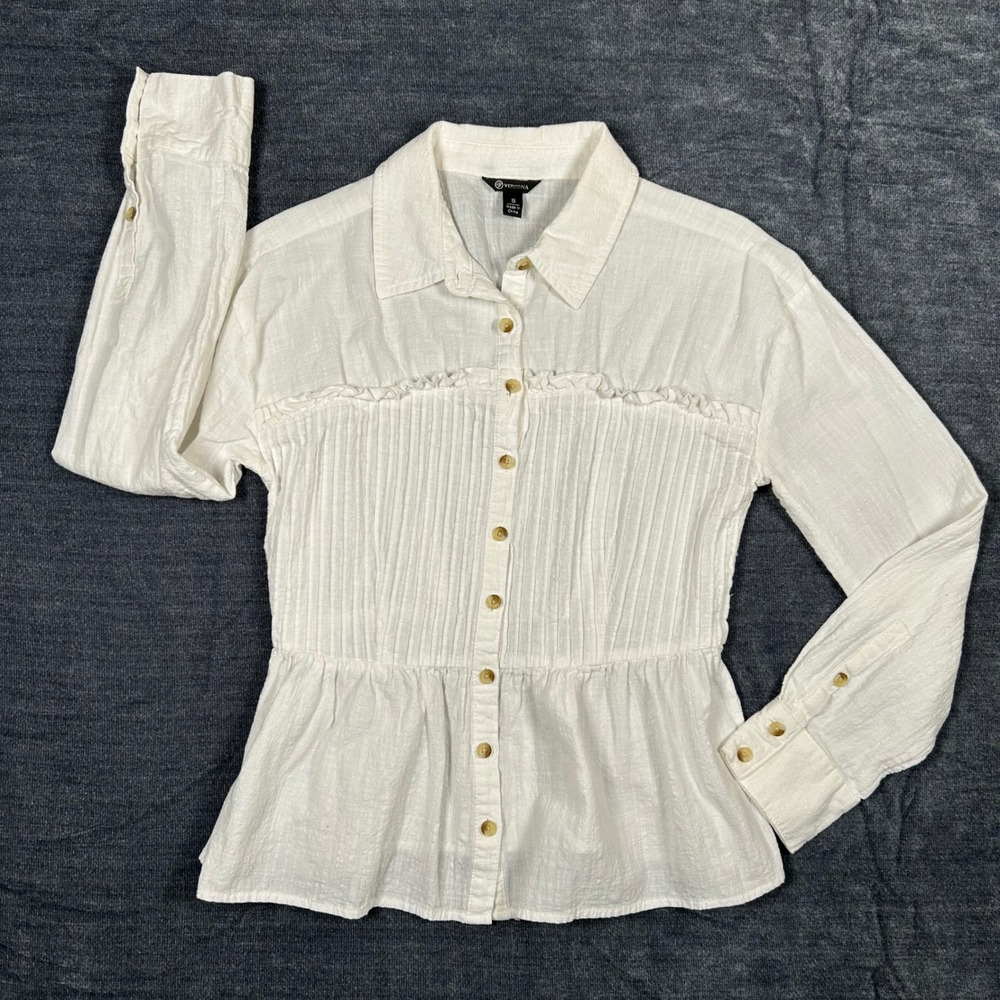 Versona Blouse Womens S White Peplum Pintuck Pleated Cotton Gauze Ruffle Top